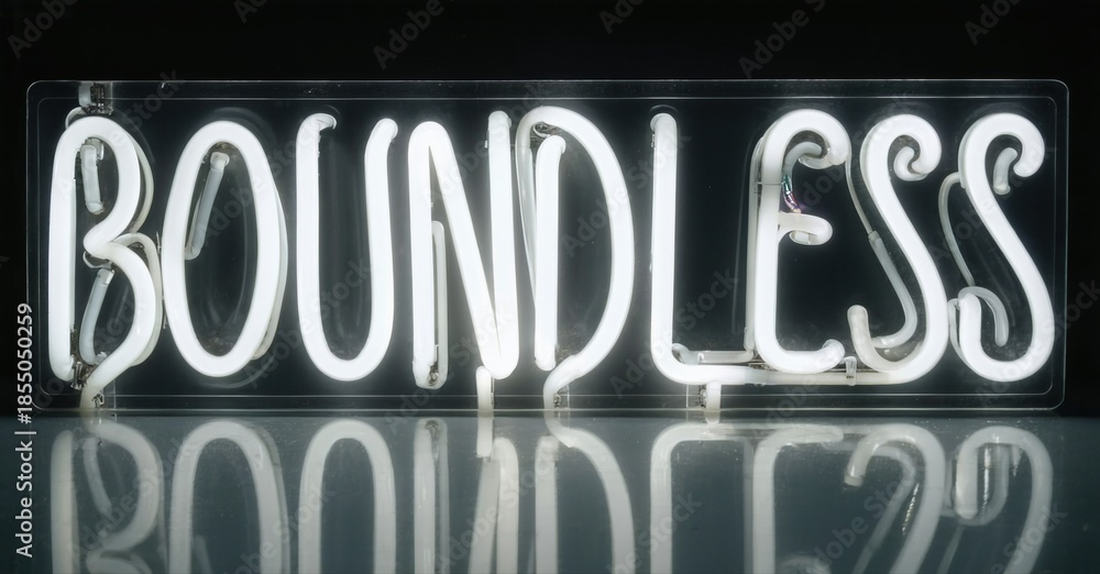 Obraz premium Bright neon sign displays word boundless. Reflection visible below text against dark background. Minimalist aesthetic.