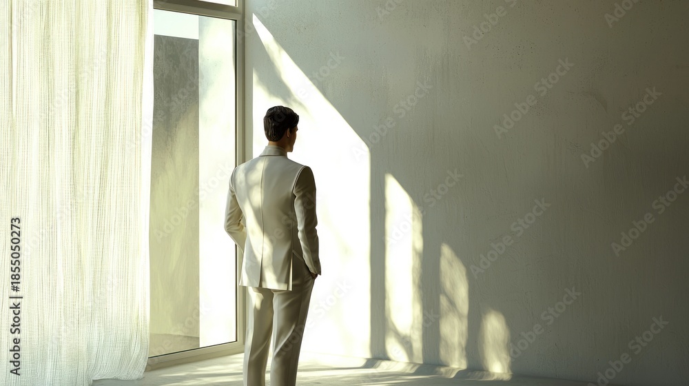 Obraz premium Man in beige suit window view