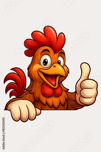 Happy cartoon rooster character with a big smile enthusiastically giving a thumbs-up gesture, symbolizing approval, quality, and positive farm or food-related concepts