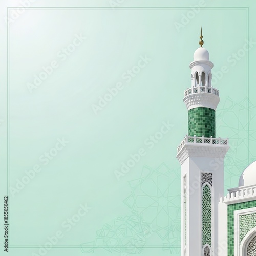 Majestic white and green mosque tower