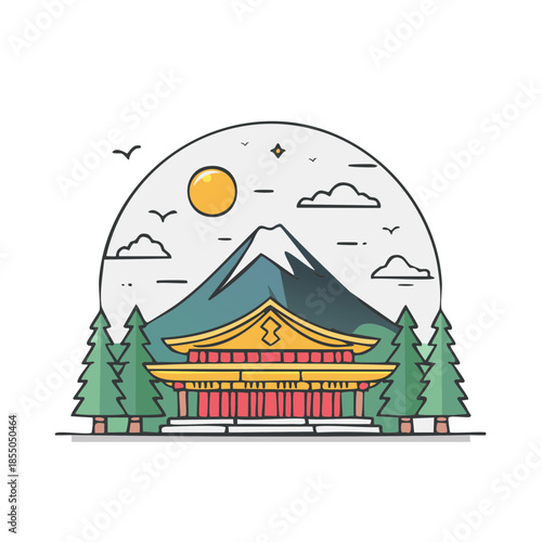Japanese Temple and Mountain Landscape Illustration with Trees and Sky Peaceful Asian Nature Scene, Mountain Peak with Tranquil Atmosphere