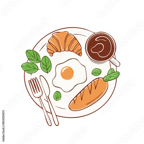 Breakfast Plate Illustration with Croissant, Fried Egg, Bread, Coffee Cup and Green Herbs, Hand Drawn Style