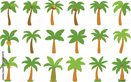 Set of 18 cartoon-style palm tree vector illustrations with varied trunks, leaf shapes, and coconuts, ideal for tropical themes, summer designs, travel graphics, and playful decor projects.