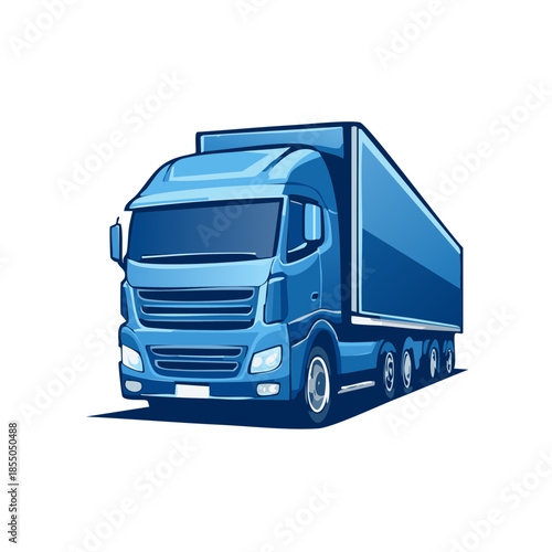 Blue cargo truck delivering goods. Trucking and supply chain transportation, logistics, delivery service illustration.