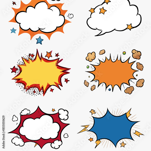 Collection of Six Comic Book Style Speech Bubbles and Action Explosions with Stars
