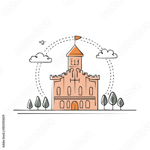 Illustration of a castle with a flag on the tower and trees around, a simplistic outline drawing with light color filling