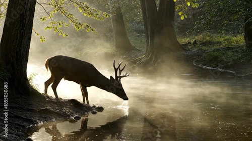 deer in the woods near the river, drinking water