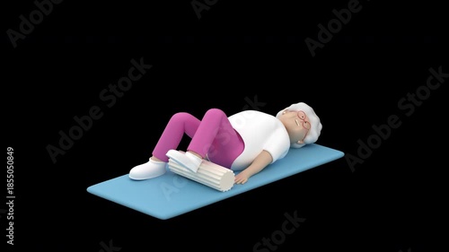 Elderly woman character doing rehabilitation exercise with a roller. Senior female lying on a mat and doing exercises for her leg with a roller, 3d render with alpha channel