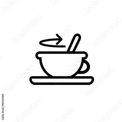 Simple bold line icon of cup with stirring spoon and rotation arrow