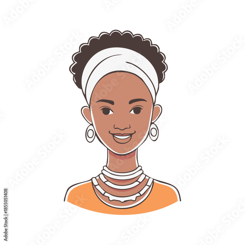 Cartoon portrait of African woman with traditional jewelry and headscarf smiling cheerfully isolated on white background for graphic resources