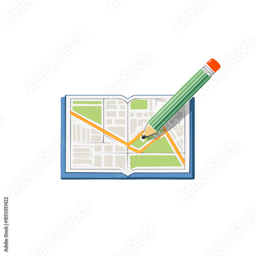 Open book with map page and pencil marking location planning route strategy