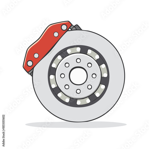 Car brake disc with red caliper illustration automobile part vehicle spare maintenance part component engineering