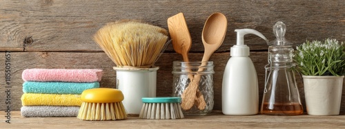 a collection of cleaning supplies displayed on a wooden surface. the items include various brushes, sponges, cloths, and bottles, suggesting a well equipped space for household chores