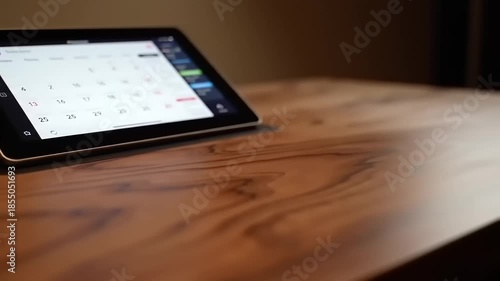 Tablet displaying a calendar on a wooden table.