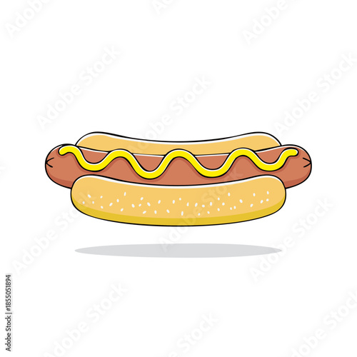 Illustrated hot dog with mustard condiment topping, food, lunch, and summer themed