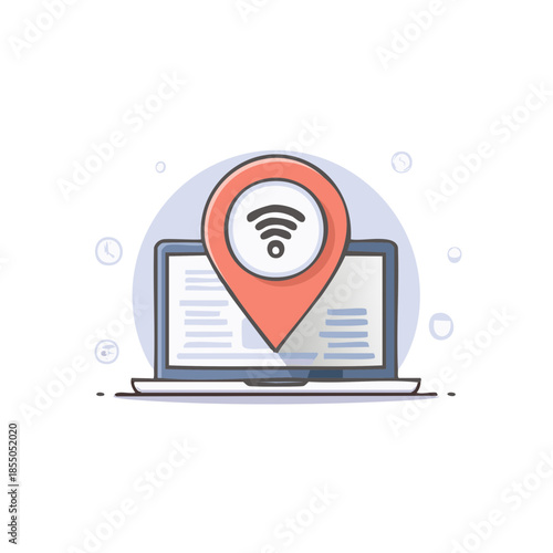 Laptop with Location Pin Marking WiFi Hotspot Connection Indicates Wireless Internet Access