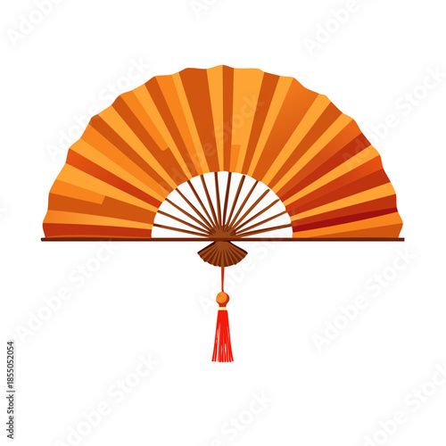Elegant handheld fan in shades of yellow orange and brown with tassel displayed flat for decorative use and to provide a refreshing breeze