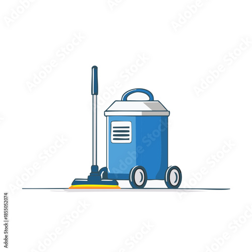 Blue rolling cart and mop for cleaning and sanitation with handle and wheels, simple vector illustration
