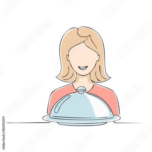 Female server presenting covered platter, minimalist line art illustration for restaurant or catering design