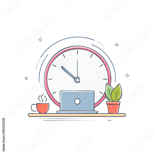 Laptop Coffee Plant and Clock on Shelf Illustration of Working Overtime or Deadline