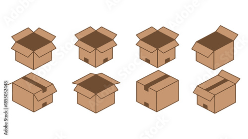 Several cardboard boxes are shown from different angles.