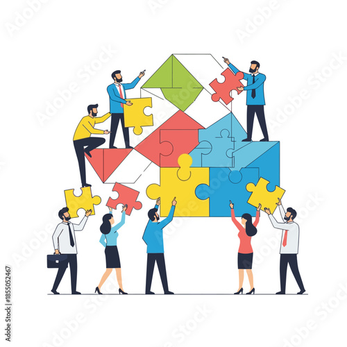 Diverse business people collaborate and solve problems assembling a large geometric puzzle piece in a seasonal, pure flat 2D vector illustration, featuring minimalist characters and vibrant colors.