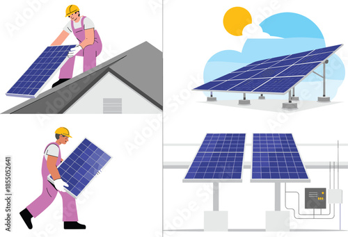 Solar panel installation illustration, renewable energy system, solar power generation, green technology concept, photovoltaic panels, clean energy vector design