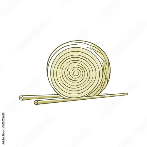 Single Hay Bale Resting on Straw Poles in Hand Drawn Illustration Style