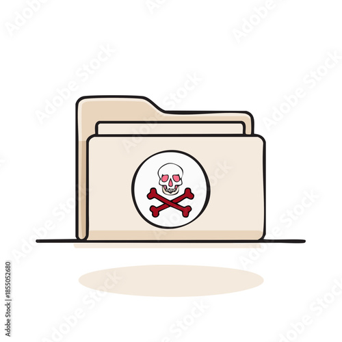 Hand Drawn Folder with Skull and Crossbones - Dangerous Data File,  Sensitive Information, Secure Access Icon