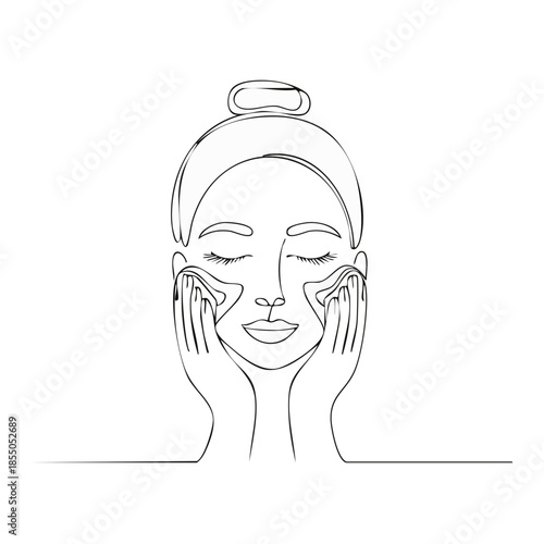 Woman cleaning face with cotton pads in continuous line drawing for skin care routine. Minimalist style girl washing facial skin with make-up remover for beauty treatment.
