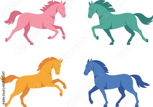 Colorful horse silhouettes illustration set, running and standing horses, minimalist flat vector design, equestrian symbols, isolated on white