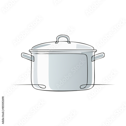 Single line illustration of pot, pan with lid. Minimalist drawing of kitchenware for cooking isolated on white background.