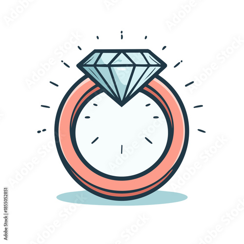 Sparkling Diamond Ring: Cartoon Style Jewelry Illustration, Gift Present for Proposal, Engagement Celebration Symbol
