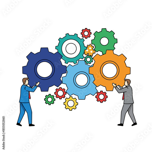 Business professionals synchronize workflow by manually turning large interlocking gears in a clean 2D flat vector illustration, representing efficient process management.