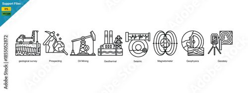 Geological Exploration Line Banner Web Icon Set Vector Illustration, Geological Survey Prospecting Oil Mining Geothermal Seismic Magnetometer Geophysics Geodesy