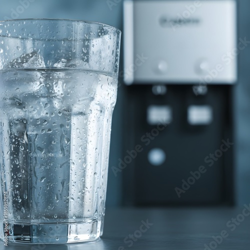 Close-up of a Glass of Cold Water with Ice and Condensation, Blurred Water Dispenser in Background