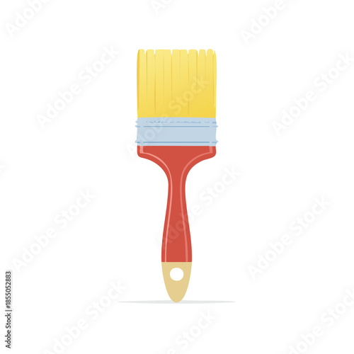 Red paint brush with yellow bristles for home renovation, crafting, artwork in vector graphic flat lay