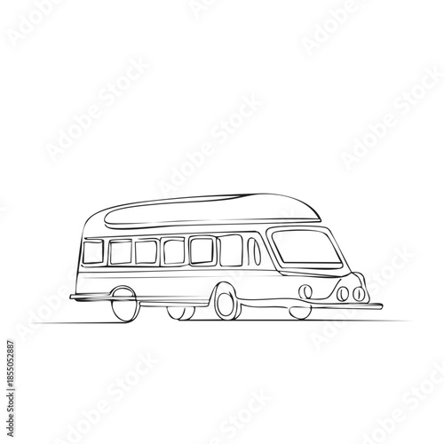Stylized Minibus Illustration in Black and White Line Art Style, Simple Van Drawing for Creative Design