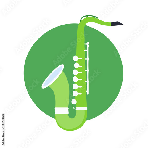 Illustration of a Green Saxophone in a Circle Frame: Retro Musical Instrument Design for Music Education