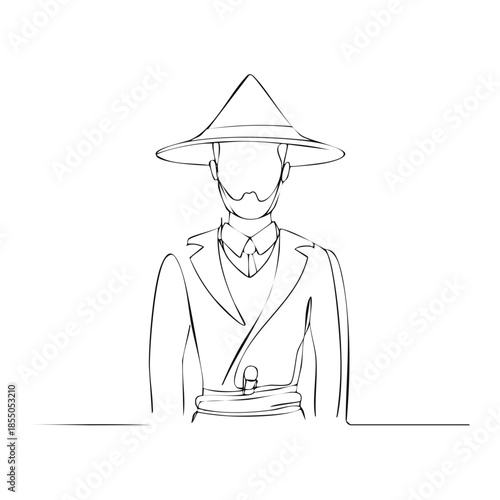 Elegant man in a blazer and Asian conical hat: continuous line drawing style portrait illustration.