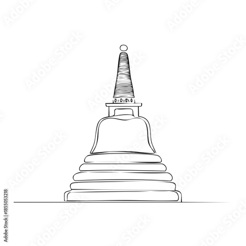 Single Line Art of Buddhist Pagoda Temple Structure with Tower Design Outline Illustration