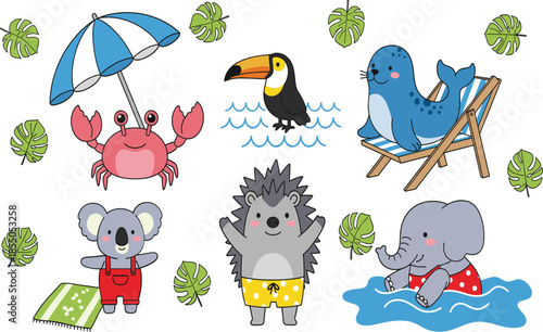 Cute Animals Summer Beach Holiday Sticker Set with Koala, Elephant, and Sea Lion.