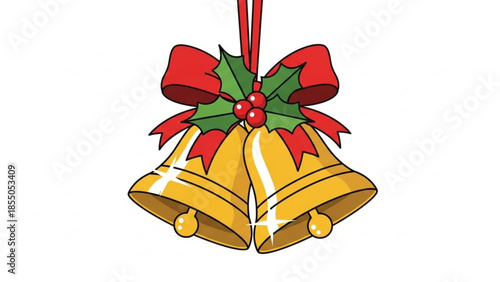 Golden christmas bells with red bow and holly on white background for holiday decoration