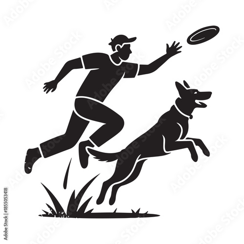 A man throwing a frisbee for his dog captured in a dynamic black silhouette