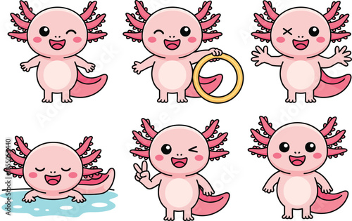 Cute axolotl cartoon character set with playful poses and emotions, kawaii pink amphibian illustrations for stickers, kids designs