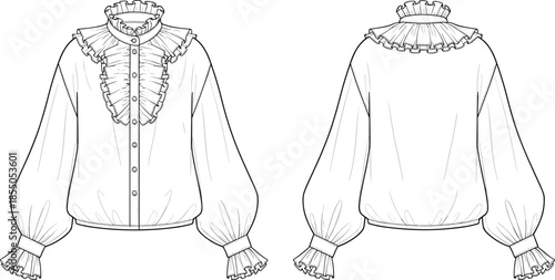 Victorian ruffle blouse technical vector illustration, front and back view women vintage fashion sewing artwork