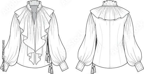 Victorian ruffle blouse vector illustration, front and back view elegant women vintage fashion flat design