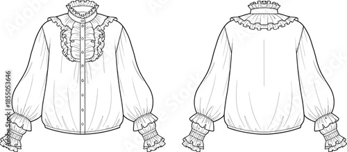Victorian ruffled blouse vector illustration, front and back view vintage women fashion design sewing pattern artwork