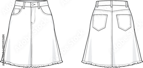 Women denim midi skirt vector illustration, front and back view casual fashion flat technical design