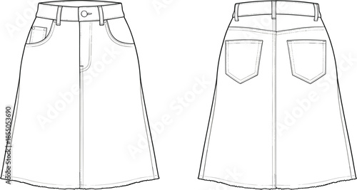 Women denim midi skirt vector illustration, front and back view casual fashion flat technical design
